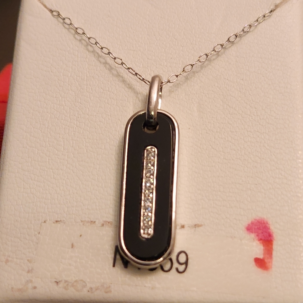 NEW STERLING SILVER "BLACK RECTANGULAR SHAPE CRYSTAL DROP" NECKLACE